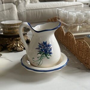 Vintage Floral Blue and White Ceramic Pitcher and Saucer Set